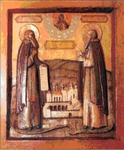 Преподобные Зосима и Савватий, Соловецкие чудотворцы. Резная деревянная икона XVII века
